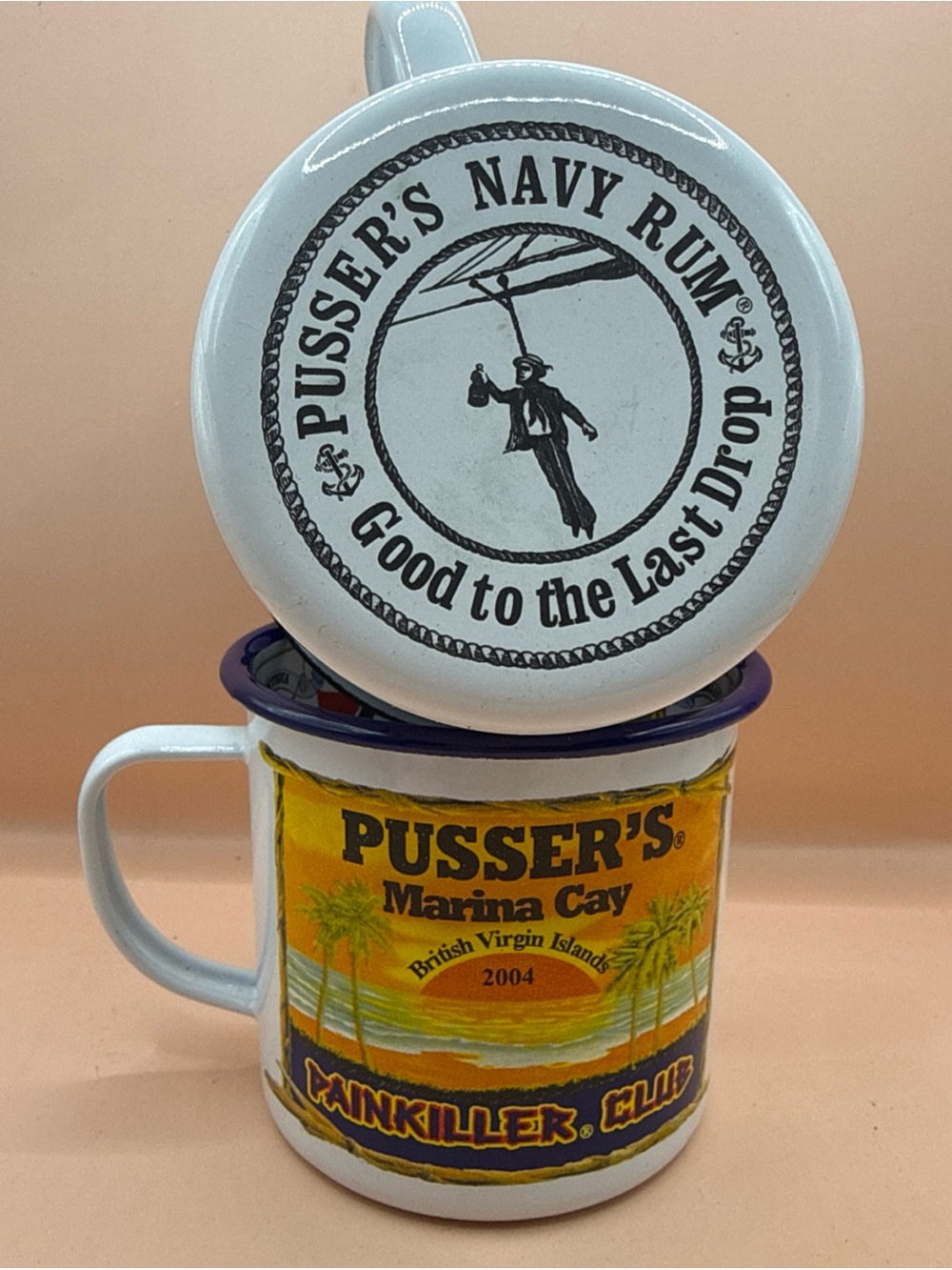 Pair of Pusser's Marina Cay British Virgin Islands Tin Cups Navy Rum PAINKILLER